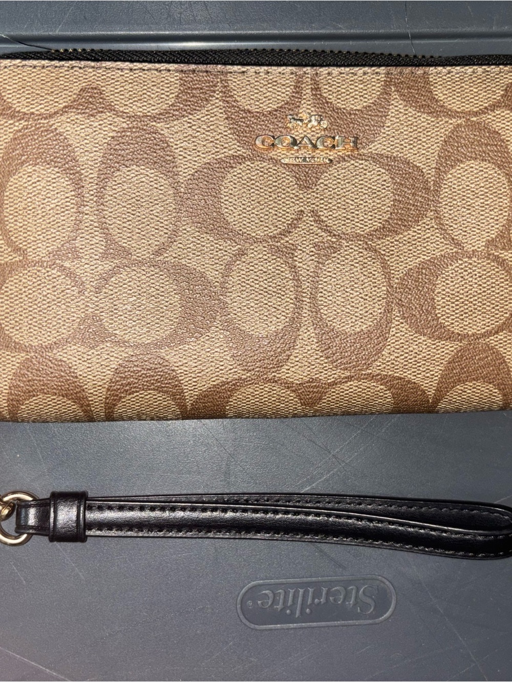 Coach Signature Canvas Wristlet in Brown and Tan with Black Strap